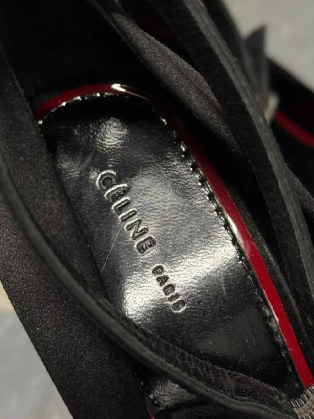 CELINE PHOEBE PHILO ERA BLACK SATIN WEDGE ANKLE STRAP SHOES